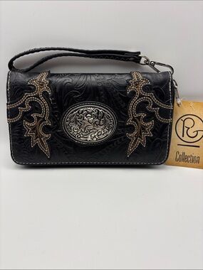 P&G Collection Black Embossed Leather Wristlet Clutch with Silver Concho NWT
